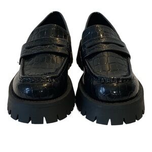 Band of the Free Lark Black Patent Leather Croc Embossed Chunky Loafers Size 8